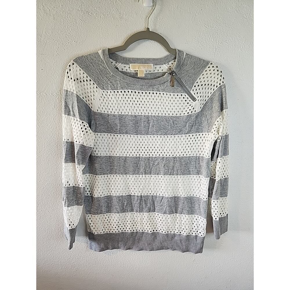 MICHAEL Michael Kors Long Sleeve Mesh Striped Sweater Women's Size S White Gray